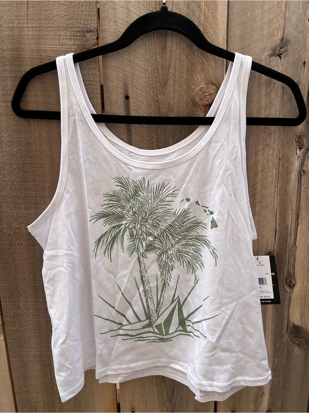 Volcom Hilo Tank in white, palm tree sunset Hawaiian islands print